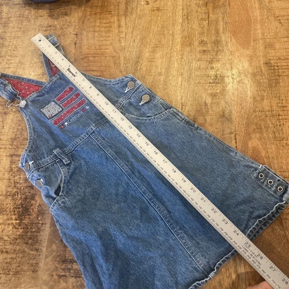 Vintage OshKosh Floral Denim Skirtall Jumper Girls 6 Flag Embroidery July 4th